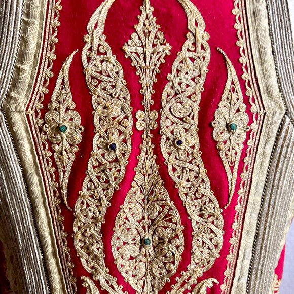 Antique Red Wool & Gold Trim Balkan Macedonian Long Traditional Folk Vest - Picture 8 of 16